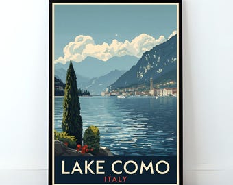 Lake Como Print, Italy Travel Poster Vintage - Alpine Wall Art Print for Modern Decor
