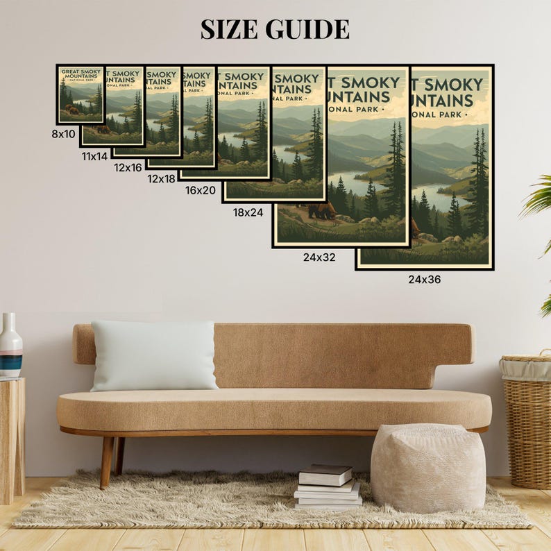 Great Smoky Mountains National Park poster size guide showing multiple dimensions in styled room