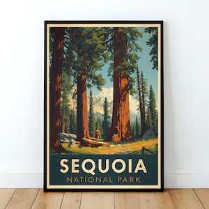 May include: A framed vertical poster featuring a stylized illustration of Sequoia National Park. The artwork depicts towering redwood trees with reddish-brown bark, a small figure standing on a path, and distant mountains under a blue sky. The text reads SEQUOIA NATIONAL PARK.