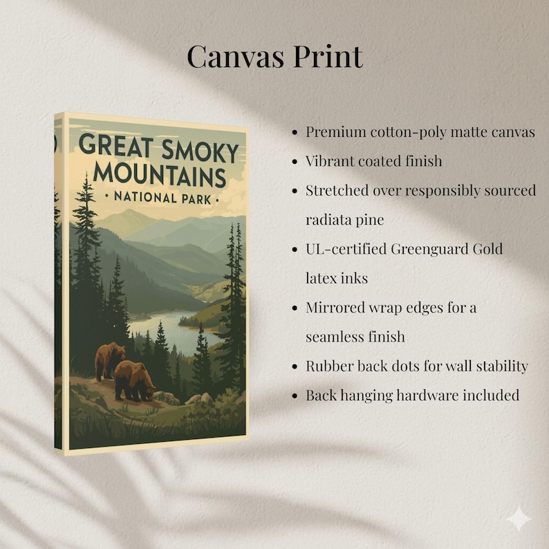 Great Smoky Mountains poster shown as canvas print highlighting texture and material quality