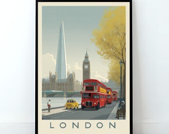 Vintage London Travel Poster, Red Bus, Big Ben, England Wall Art