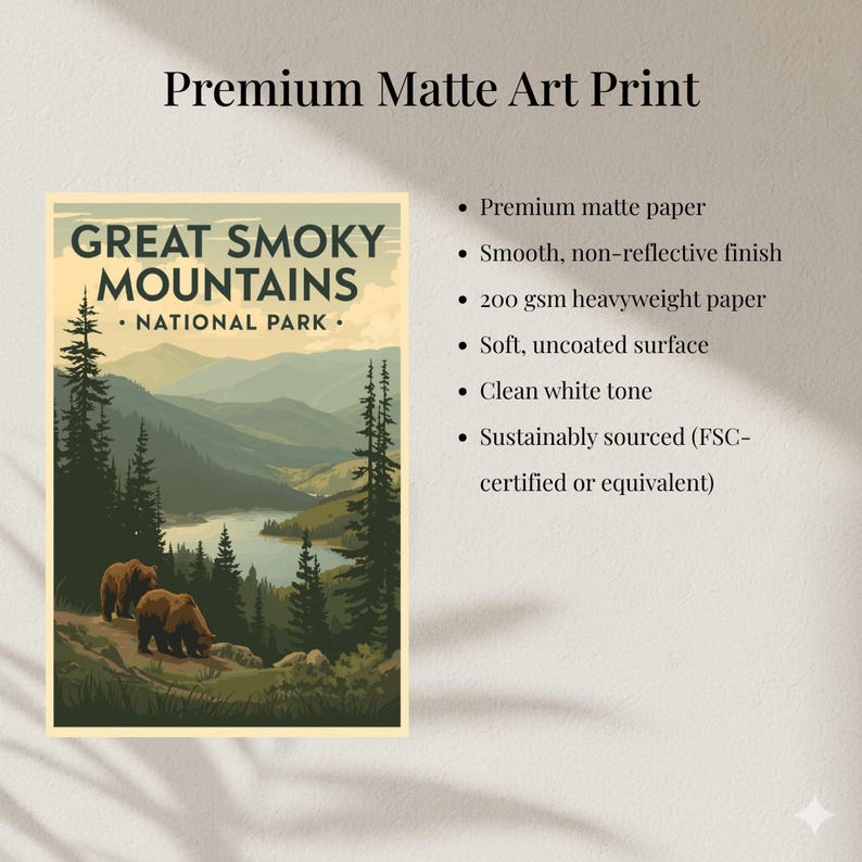 Great Smoky Mountains National Park poster displayed with premium matte art print features and specifications