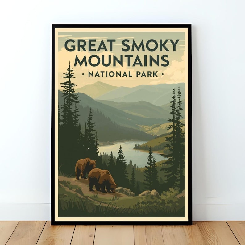 Great Smoky Mountains National Park vintage travel poster featuring mountain landscape with river and bears