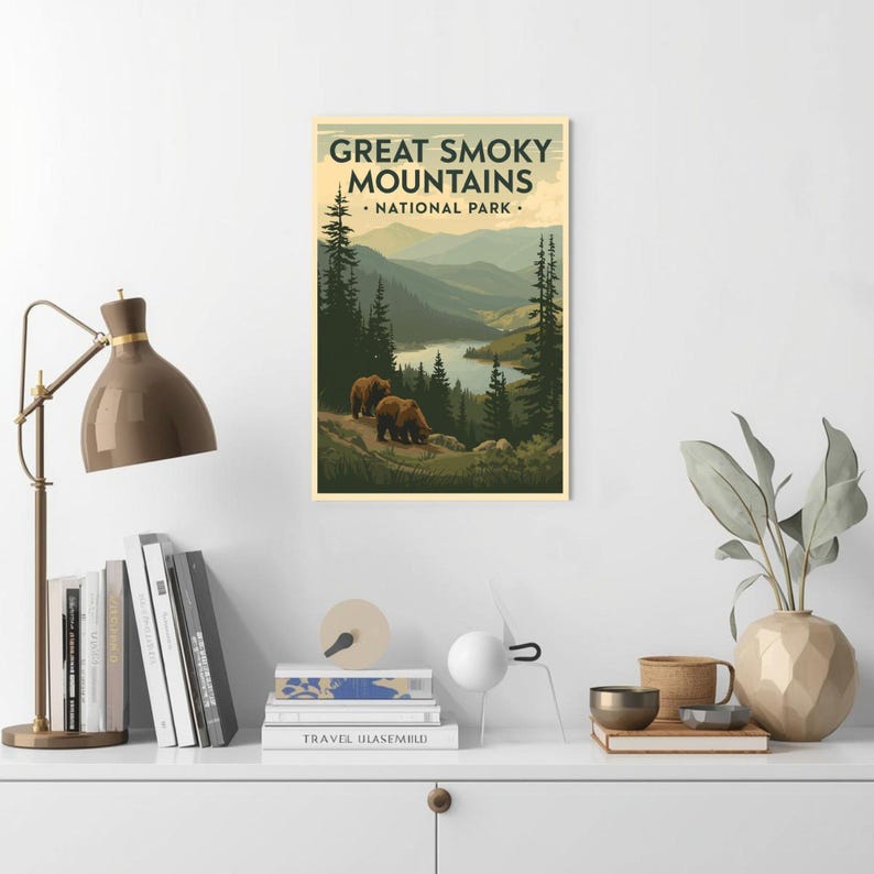 Framed Great Smoky Mountains poster displayed on desk with lamp and modern decor
