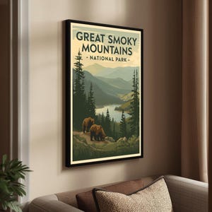 Close-up of framed Great Smoky Mountains vintage poster on wall with warm ambient lighting