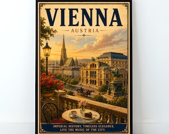 May include: A vertical travel poster featuring the text VIENNA AUSTRIA at the top and IMPERIAL HISTORY, TIMELESS ELEGANCE, LIVE THE MUSIC OF THE CITY at the bottom. The scene depicts a balcony with a table, chairs, and flowers overlooking a city.
