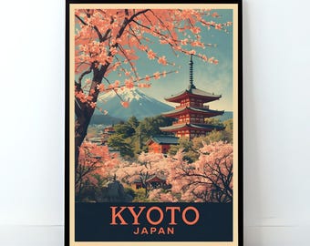 Kyoto Cherry Blossom Travel Poster, Japanese Temple Art
