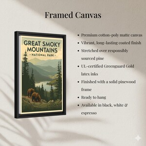 Great Smoky Mountains National Park artwork displayed as framed canvas with detailed specifications