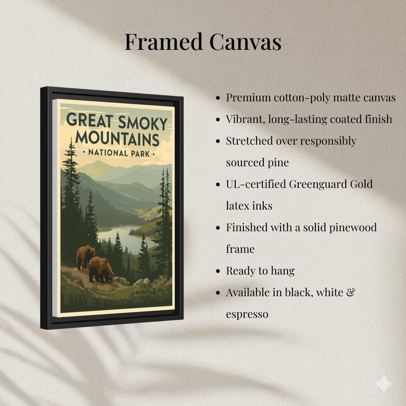 Great Smoky Mountains National Park artwork displayed as framed canvas with detailed specifications