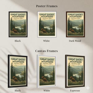 Great Smoky Mountains travel poster displaying available frame styles and color options