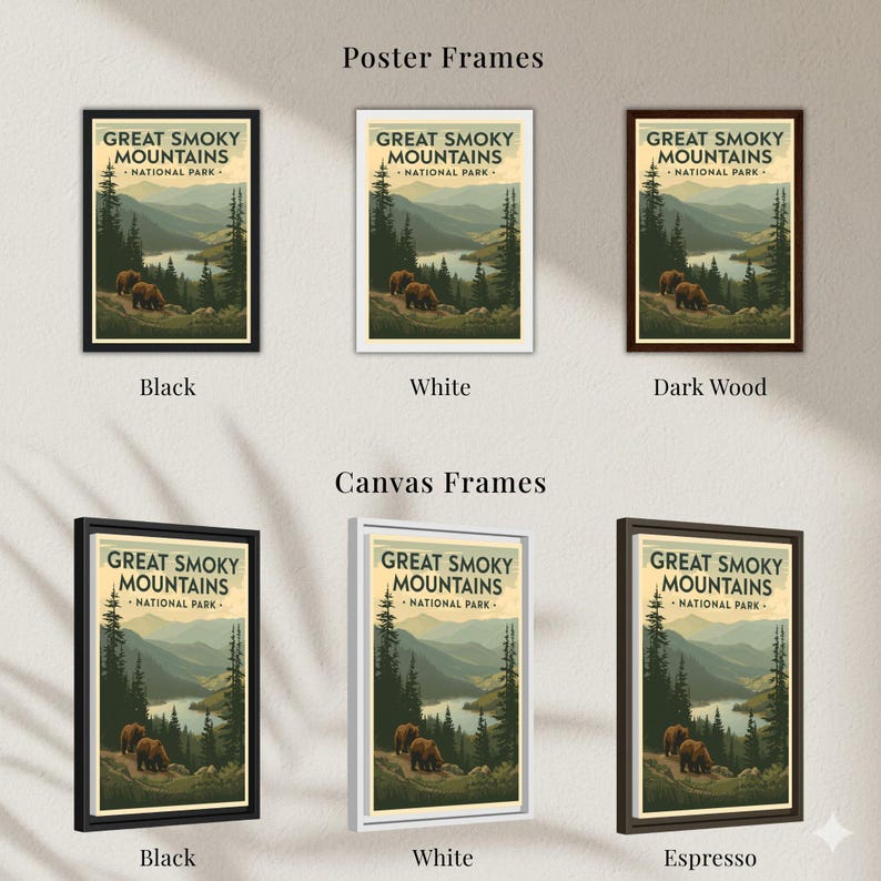 Great Smoky Mountains travel poster displaying available frame styles and color options