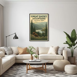 Great Smoky Mountains landscape poster displayed above sofa in bright modern living room
