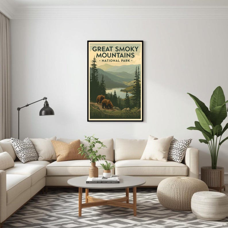 Great Smoky Mountains landscape poster displayed above sofa in bright modern living room