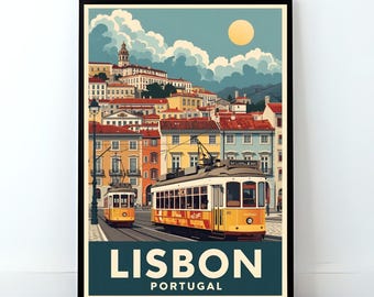 Vintage Lisbon Travel Poster, Portugal Cityscape Art Print