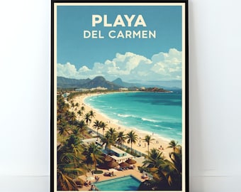 May include: A framed art print featuring a vibrant beach scene. The artwork depicts Playa Del Carmen with turquoise waters, a sandy beach, palm trees, and a clear blue sky. The print has a black frame and is displayed on a wooden surface.