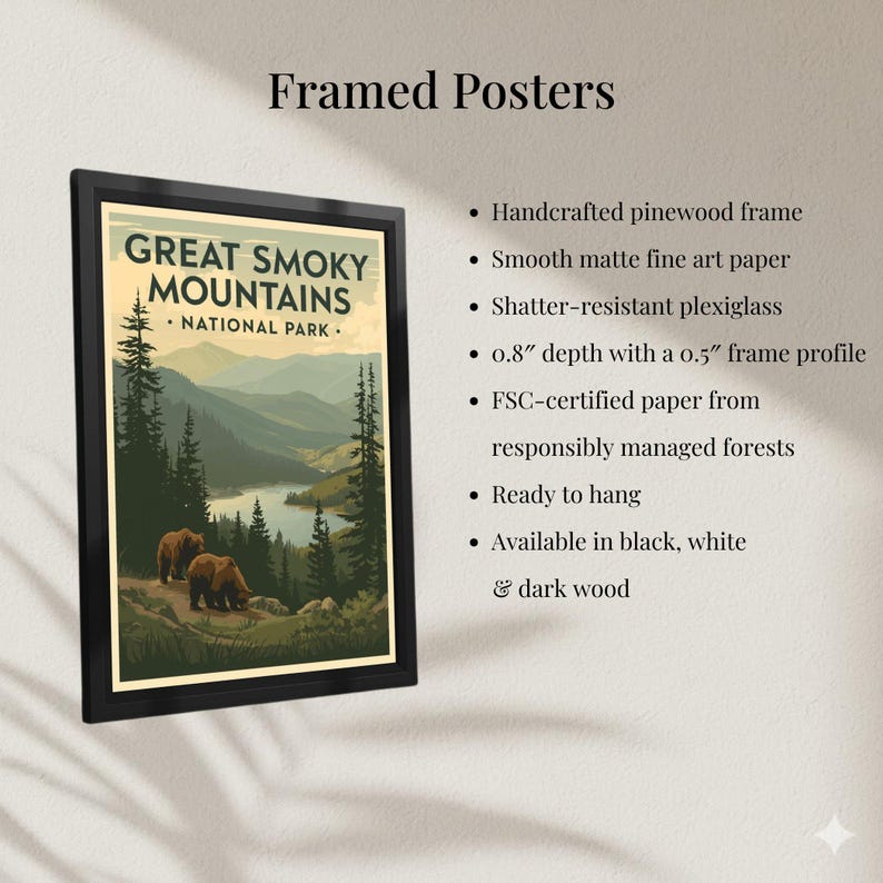Great Smoky Mountains National Park travel poster with framed print options and product details overview