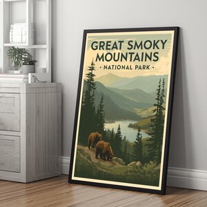 Framed Great Smoky Mountains National Park wall art leaning against wall in clean interior setting