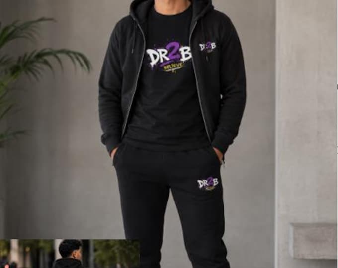 Featured listing image: DR2B drip graffiti Black Streetwear Set — Zip Hoodie, Sweatpants & Tee set