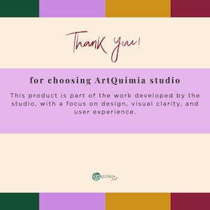 May include: A graphic design featuring the text "Thank you!" and "for choosing ArtQuimia studio." The design includes a focus on design, visual clarity, and user experience. The background has a color block design.