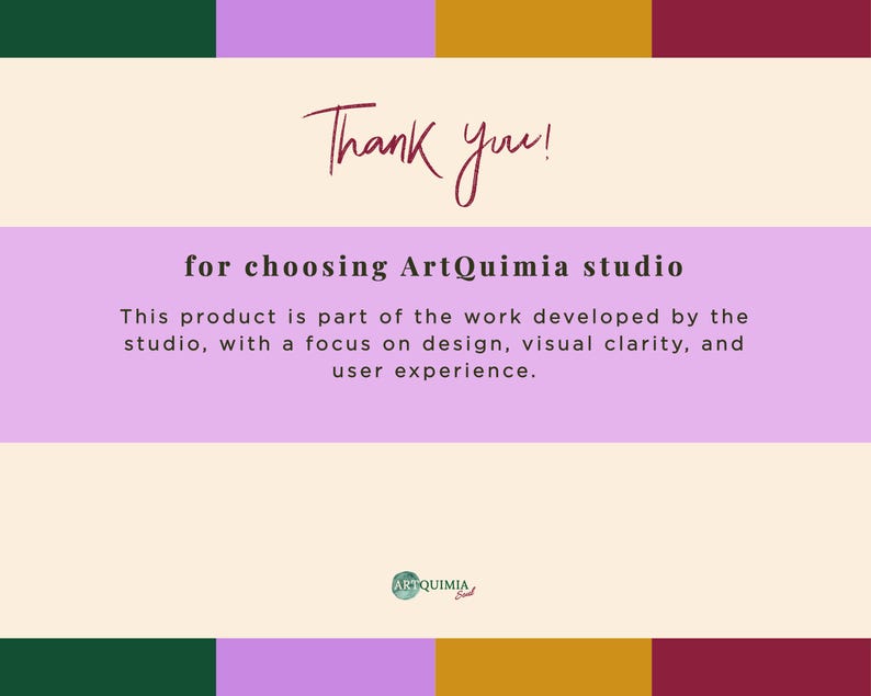 May include: A graphic design featuring the text "Thank you!" and "for choosing ArtQuimia studio." The design includes a focus on design, visual clarity, and user experience. The background has a color block design.