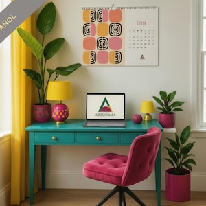 May include: A teal desk with gold knobs and a pink tufted chair. A laptop displays the "ARTQUIMIA" logo. A yellow lamp and a pink lamp sit on the desk. Plants in pink pots and a calendar with geometric shapes complete the workspace.