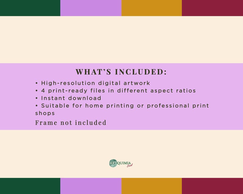 May include: A digital art print with a light beige background and a lavender banner that reads "WHAT'S INCLUDED:". The text lists high-resolution artwork, print-ready files, instant download, and printing suitability. The frame is not included.