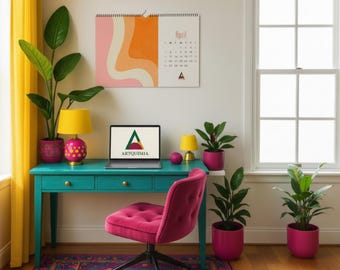 May include: A vibrant home office setup featuring a teal desk, a pink velvet chair, and potted plants. A laptop displays the "ARTQUIMIA" logo. A yellow lamp with a pink base and a calendar with an abstract design add pops of color. The room is bright and inviting.