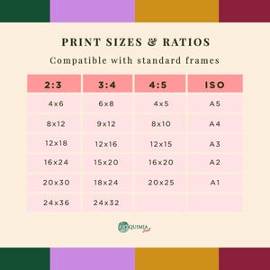 May include: A chart displaying print sizes and ratios, compatible with standard frames. The chart includes sizes like 4x6, 8x12, 12x18, 16x24, 20x30, and 24x36, along with corresponding ratios and ISO sizes.