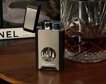 Luxury Jet Flame Cigar Lighter – Windproof Torch  – Built In V- Cut Metal Cigar Accessory – Gift for Him