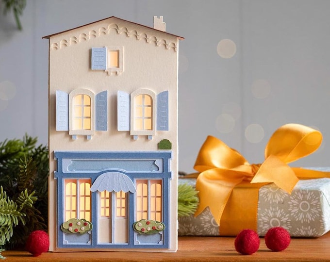 The Chocolate Shop: handmade Christmas Village house, artisan papers, folds perfectly flat to store