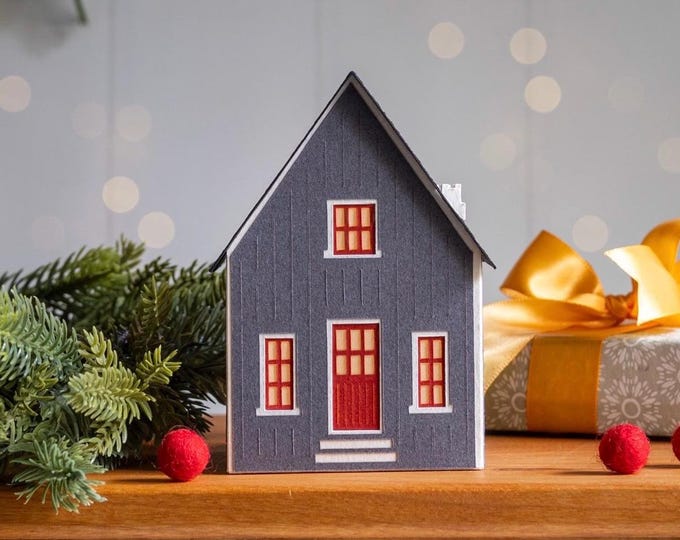 Christmas Village House: Scandinavian holiday luminary handcrafted from fine artisan papers (folds flat)