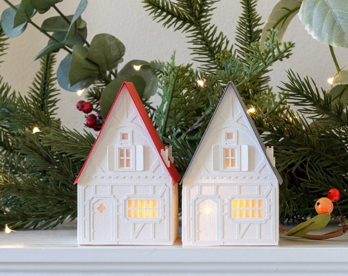 Christmas Village House Luminary: handmade of watercolor paper, folds perfectly flat to store