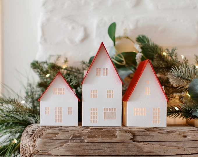 Minimalist Handmade Christmas Village: modern paper Nordic decor, folds perfectly flat to store