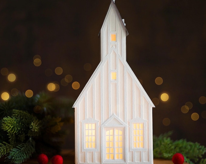 Seen in Better Homes & Gardens Magazine - Scandi Christmas village church, handcrafted of archival papers, stores perfectly flat