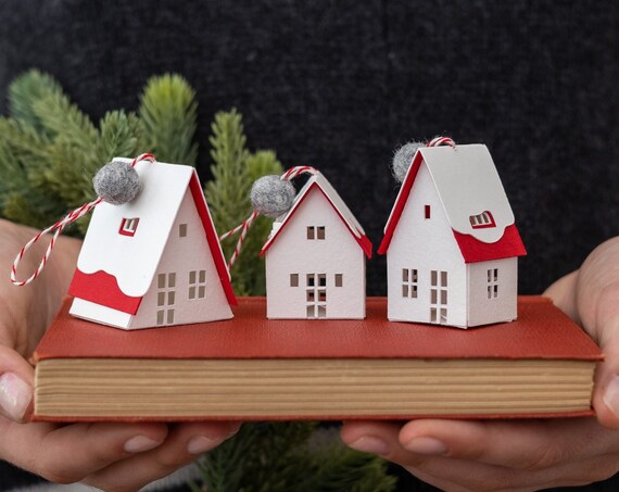 6 snow-capped cabin ornaments: modern Christmas village holiday decorations handmade of classic watercolor paper (6, 12 or 18)
