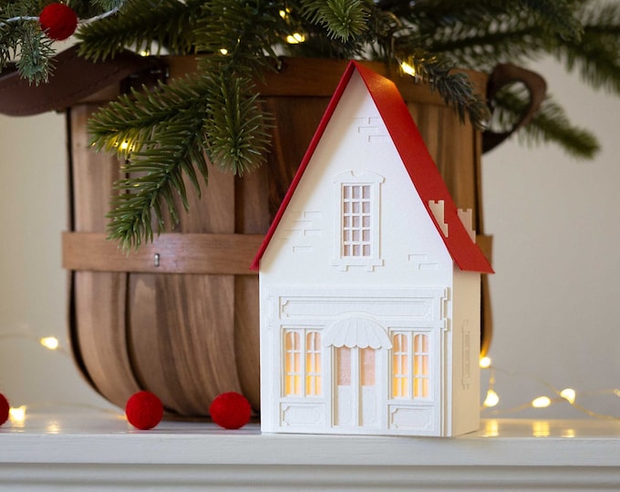 Handmade Christmas Village Luminary (The Toy Shop): handmade of artisan paper, folds perfectly flat to store