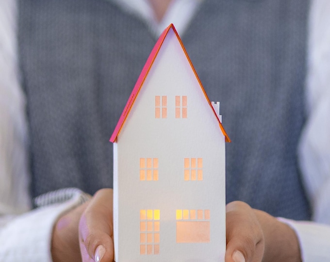 Modern Scandi Tea Light House: minimalist Christmas decor, handcrafted of archival papers, folds perfectly flat to store