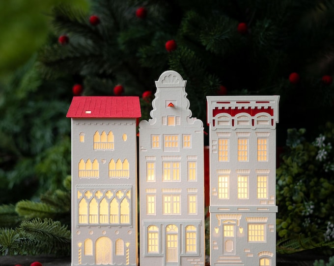 Urban Christmas Village Paper Luminary Set:  New York, Paris, Amsterdam, Venice. Folds perfectly flat to store