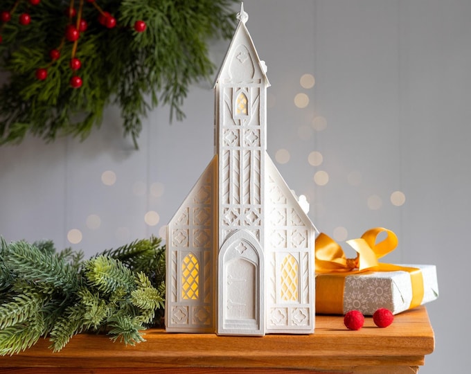 Half-Timbered Christmas Village Church Luminary: handcrafted of artisan papers, folds perfectly flat to store