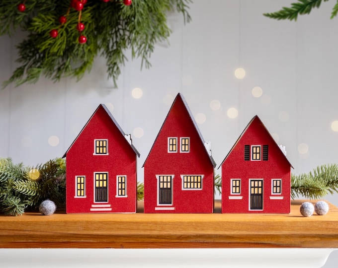 Handcrafted Scandinavian Christmas Village: paper house luminary set, folds perfectly flat to store