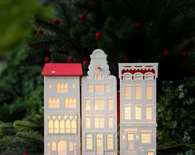 Urban Christmas Village Paper Luminary Set:  New York, Paris, Amsterdam, Venice. Folds perfectly flat to store