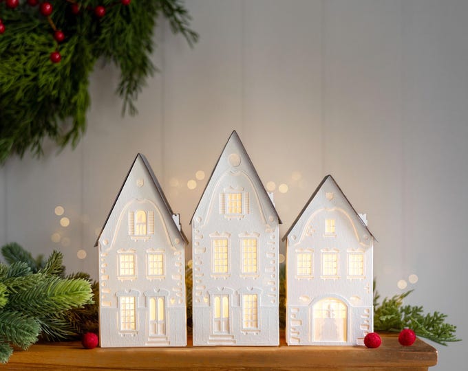 Christmas Village Luminary Set: Handmade of Artisan Papers, Folds Perfectly Flat to Store - A New Collection, Exclusively on Etsy