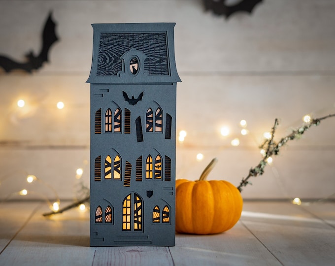 Handmade Haunted Mansion Luminary: artisan paper Halloween gothic house, folds perfectly flat to store