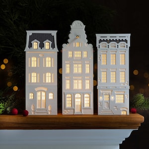 Urban Christmas village: 3-piece New York, Paris, Amsterdam holiday mantel decor set made of artisan paper, white light up houses