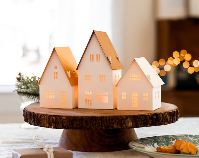 Earth Tone Christmas Village set: modern holiday decor handcrafted of artisan watercolor papers