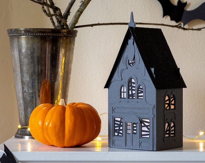 Halloween Haunted House Luminary: handmade of artisan papers, folds perfectly flat to store