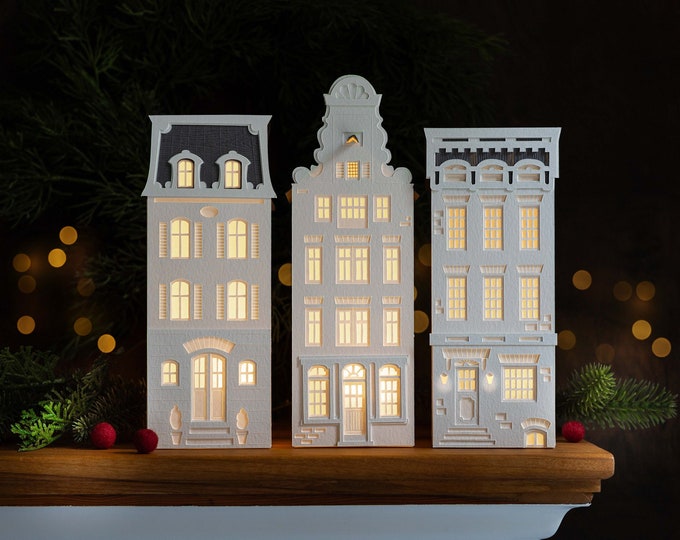Urban Christmas Village Paper Luminary Set:  New York, Paris, Amsterdam, folds perfectly flat to store