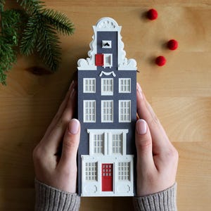 Amsterdam Canal House Luminary - Dutch holiday decor, handmade of artisan papers, flat perfectly to store - so easy!