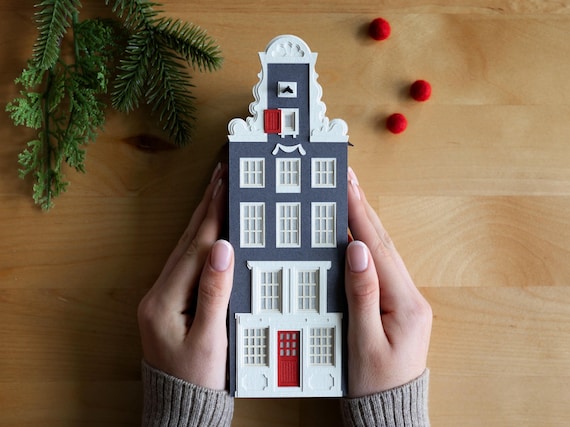 Amsterdam Canal House Luminary - Dutch holiday decor, handmade of artisan papers, flat perfectly to store - so easy!