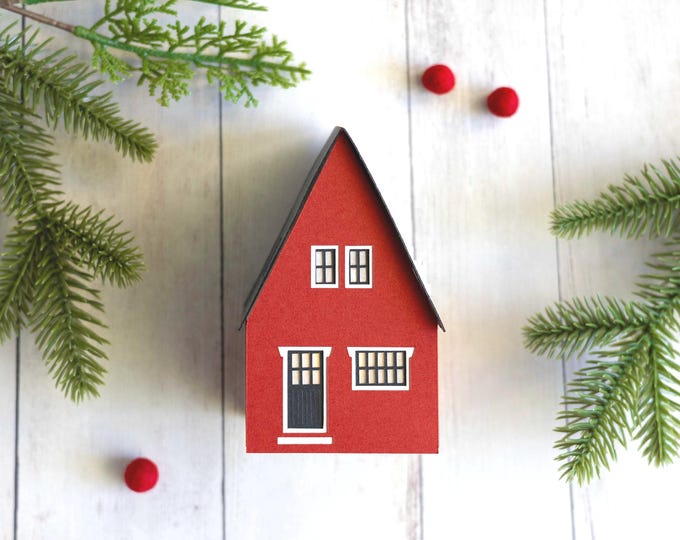 Scandi Christmas Village House - the Winterstead Farmhouse: holiday decor handmade of heavyweight artisan papers, stores perfectly flat